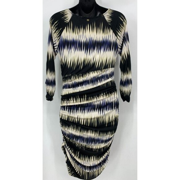 GUESS Womens Dress Size Medium Black Ivory Stripe 3/4 Sleeve Ruched Scoop Sheath - Picture 4 of 7